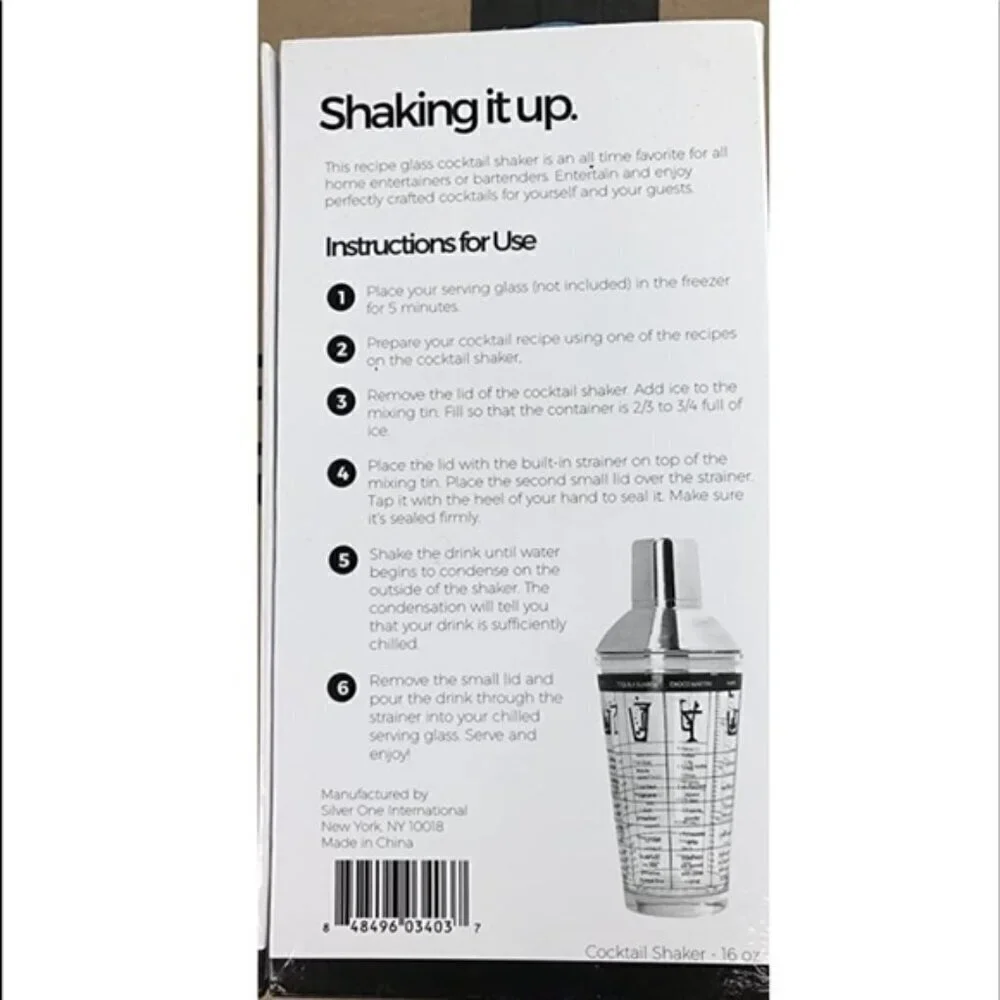 Recipe Cocktail Shaker Stainless Steel Glass Recipes on Shaker 16 OZ New NWT NIB